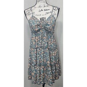 Bloomfield A-Line Floral Teal Brown Cream Spaghetti Strap Ruffled Sundress Large